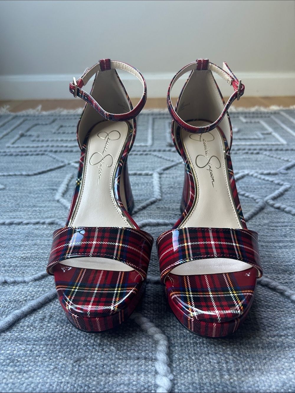 Authentic Jessica Simpson Red Plaid Fonilda Platform AnkleStrap Sandals-Size 7.5